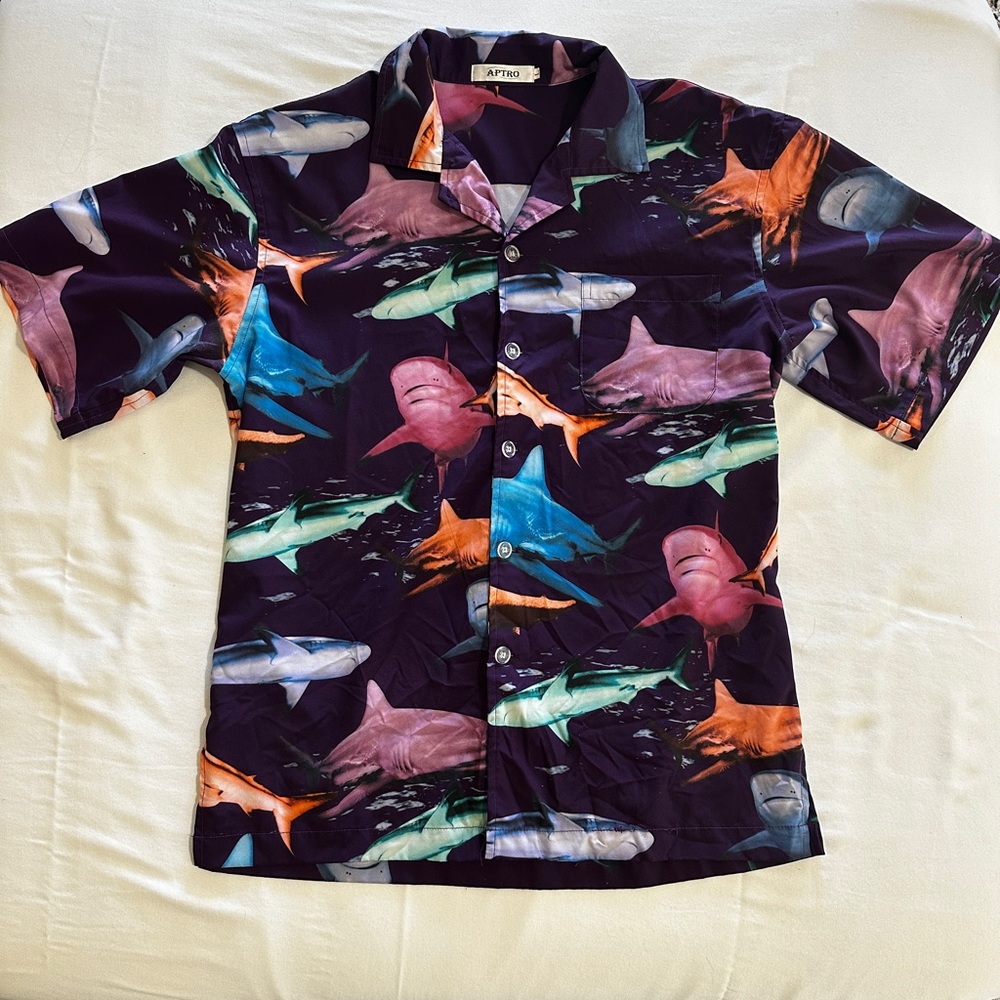 Colorful Shark Print Button-Up Shirt